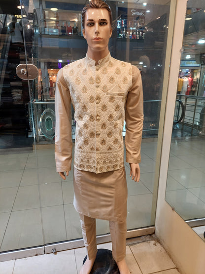 Cream Colored Waist Coat - Masoori Fabric , With Light Brown Kurta Pajama