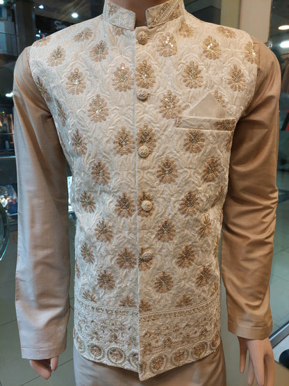 Cream Colored Waist Coat - Masoori Fabric , With Light Brown Kurta Pajama