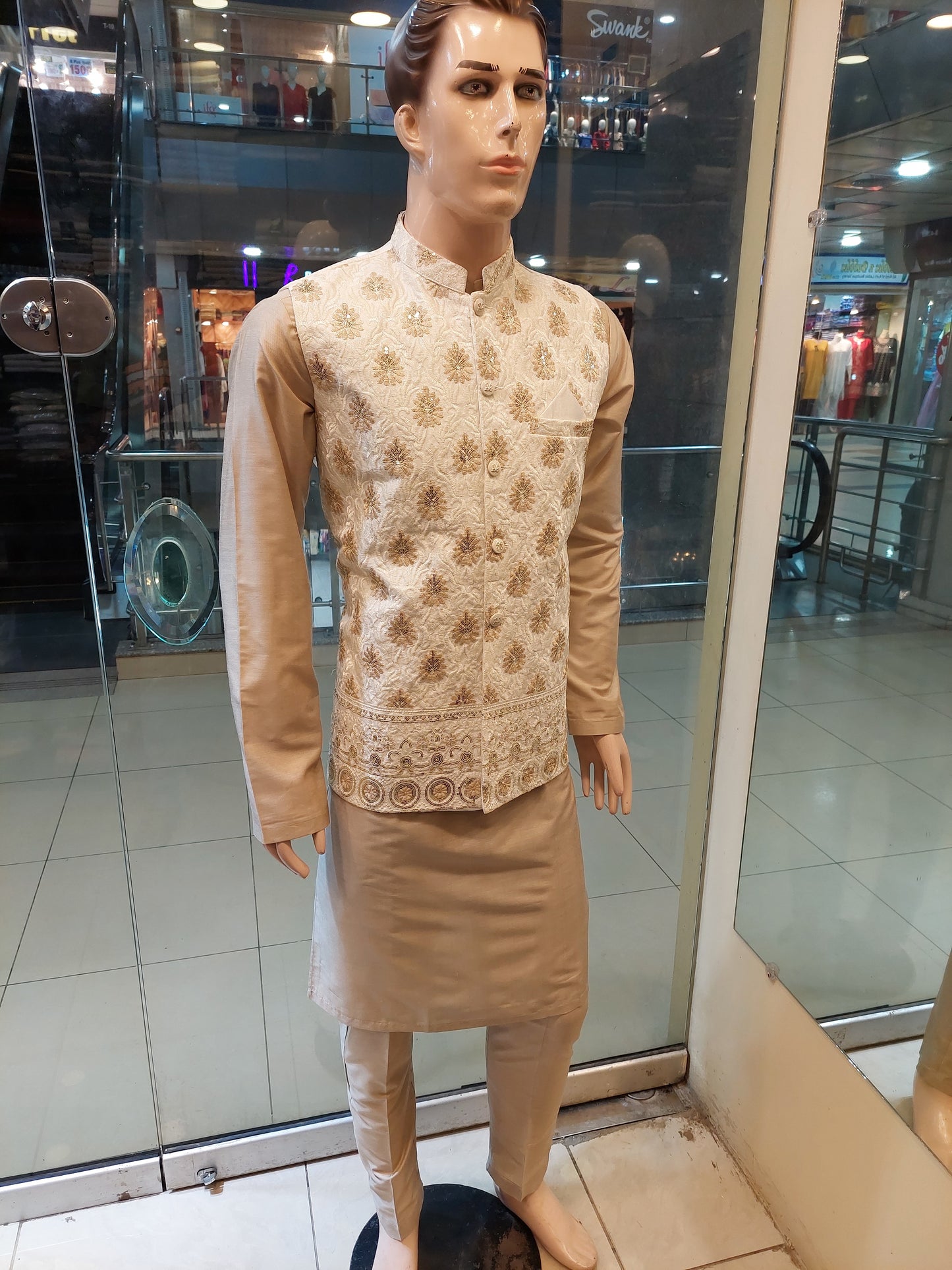 Cream Colored Waist Coat - Masoori Fabric , With Light Brown Kurta Pajama