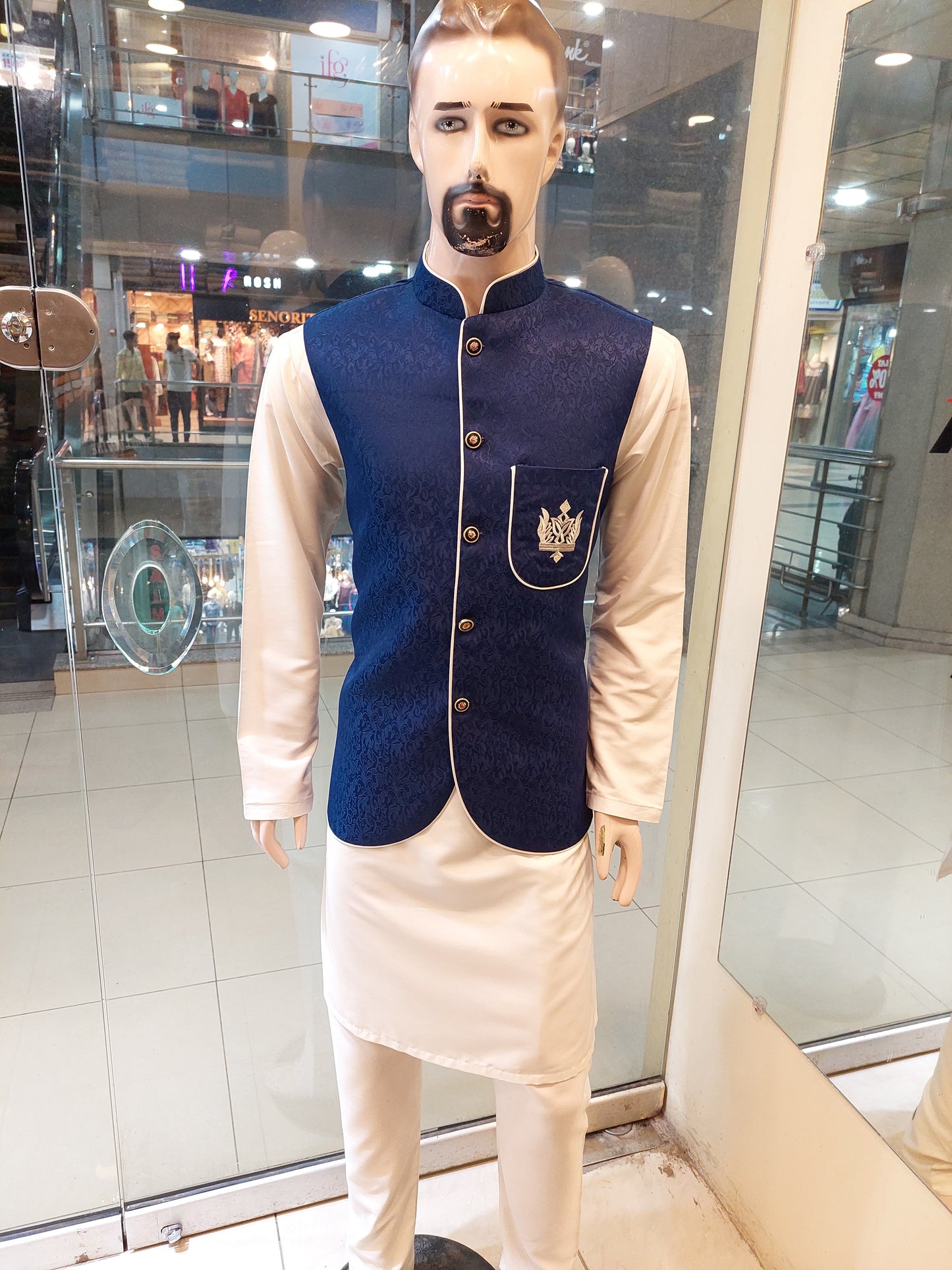 Dark Blue Waist Coat - MDC Fabric , Light Brown Kurta Pajama