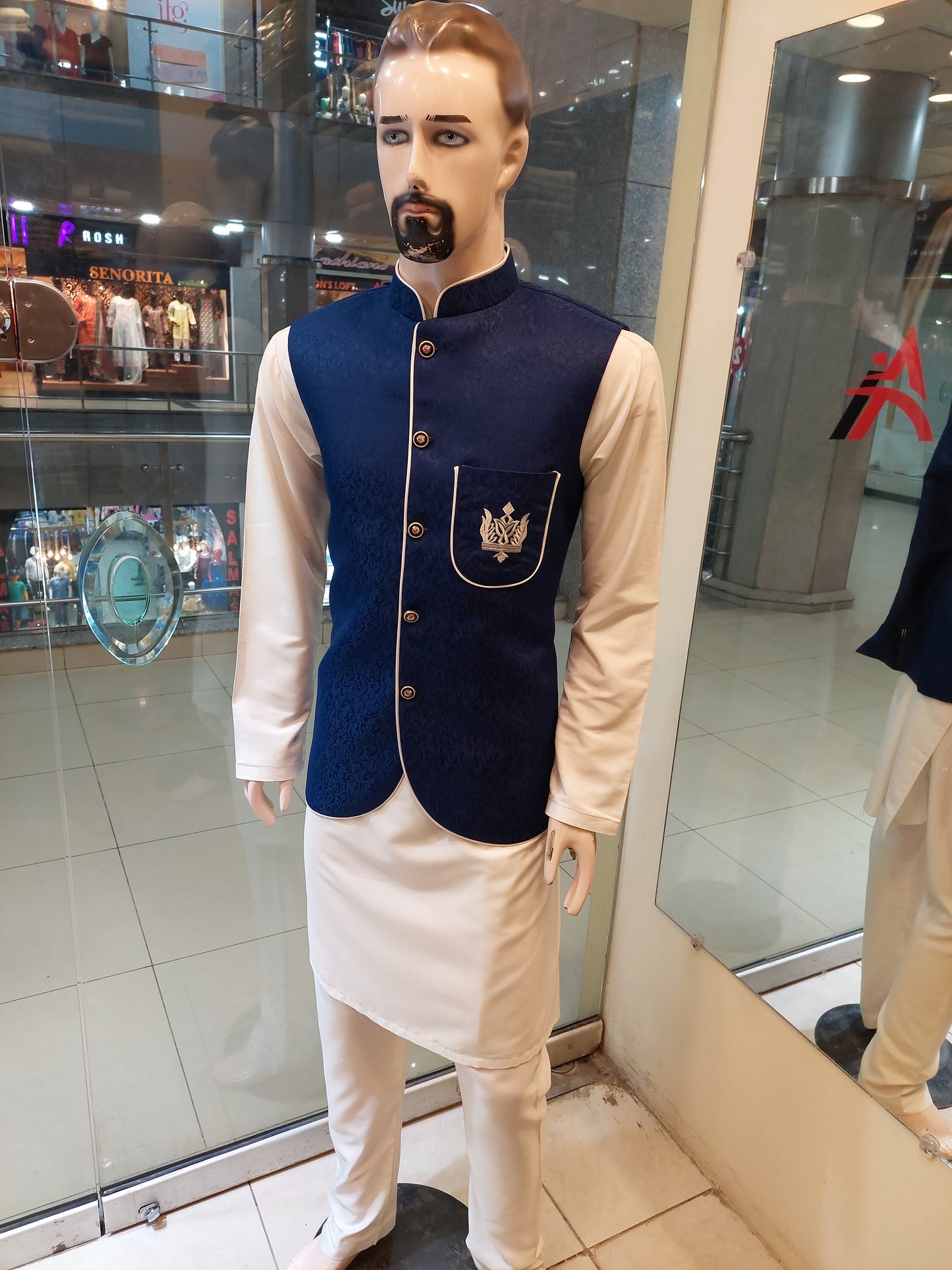 Dark Blue Waist Coat - MDC Fabric , Light Brown Kurta Pajama