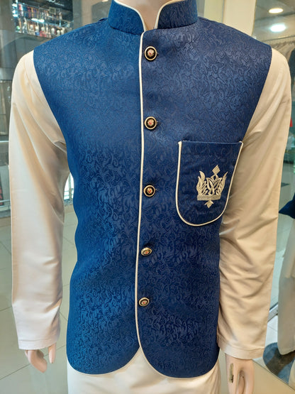 Dark Blue Waist Coat - MDC Fabric , Light Brown Kurta Pajama