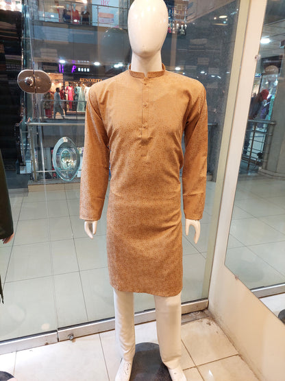 Tan Kurta with Embossed Pattern -  Cotton Jaykart