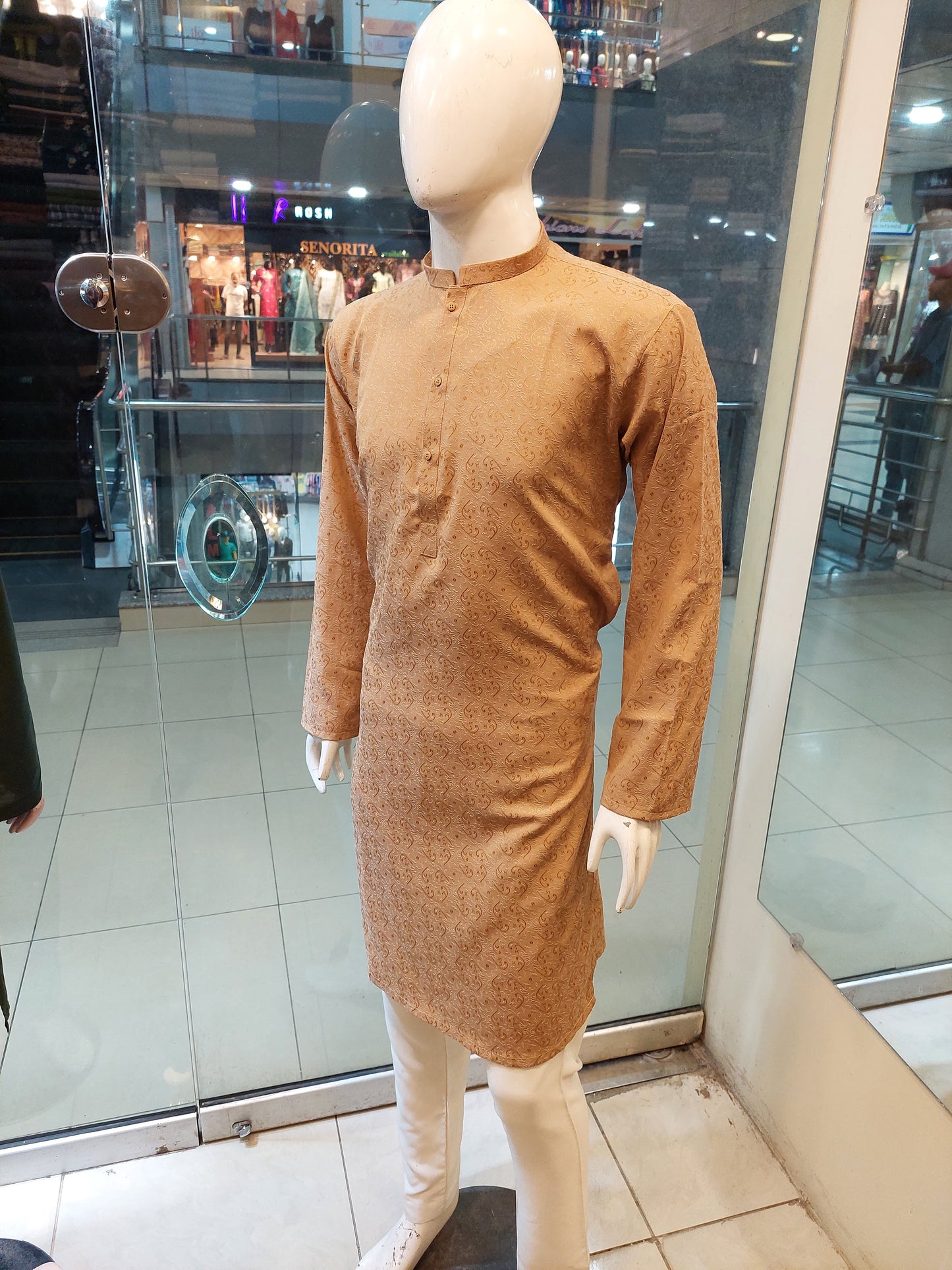 Tan Kurta with Embossed Pattern -  Cotton Jaykart