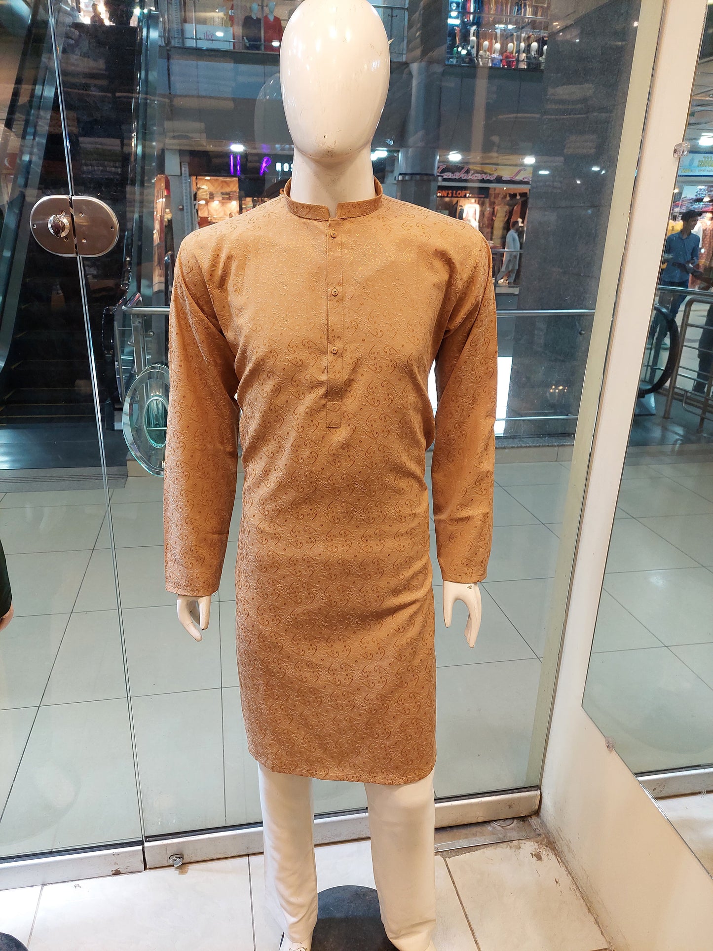 Tan Kurta with Embossed Pattern -  Cotton Jaykart