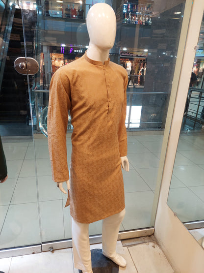 Tan Kurta with Embossed Pattern -  Cotton Jaykart