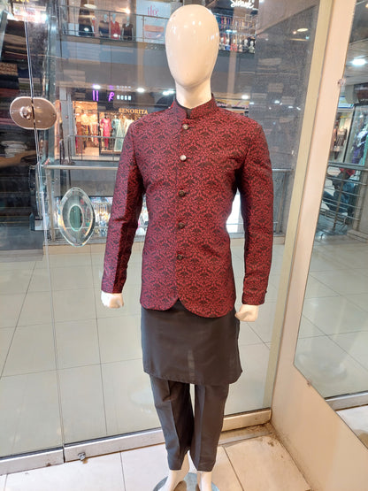 Maroon with Black Embroidery Prince Coat - Masoori Fabric