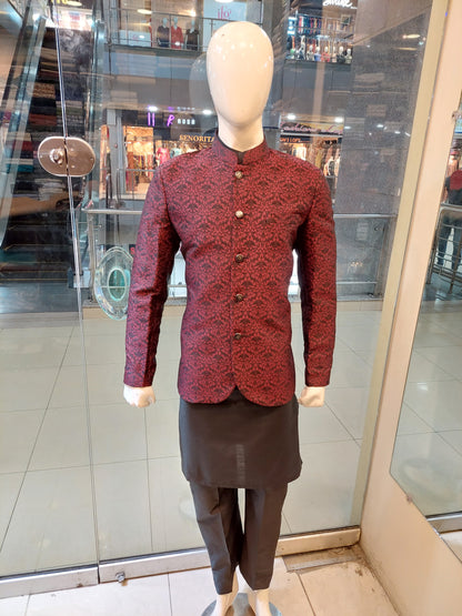 Maroon with Black Embroidery Prince Coat - Masoori Fabric