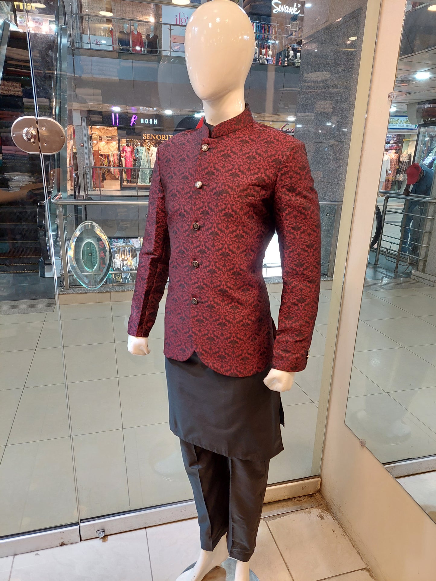 Maroon with Black Embroidery Prince Coat - Masoori Fabric