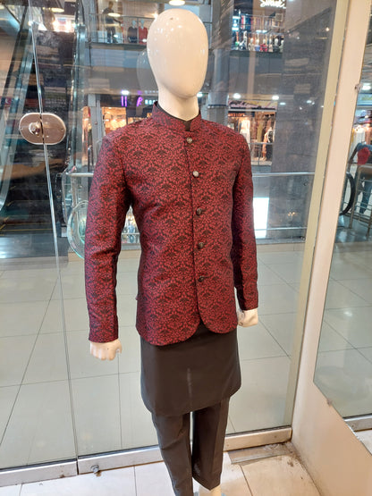 Maroon with Black Embroidery Prince Coat - Masoori Fabric