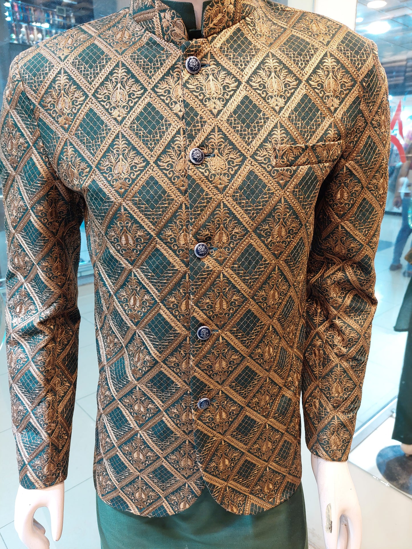 Green with Brown Embroidery Masoori - Prince Coat