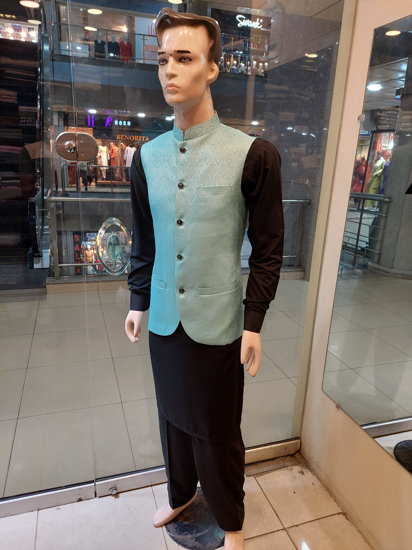 Turquoise blue with white embose Waist Coat - Jamawar