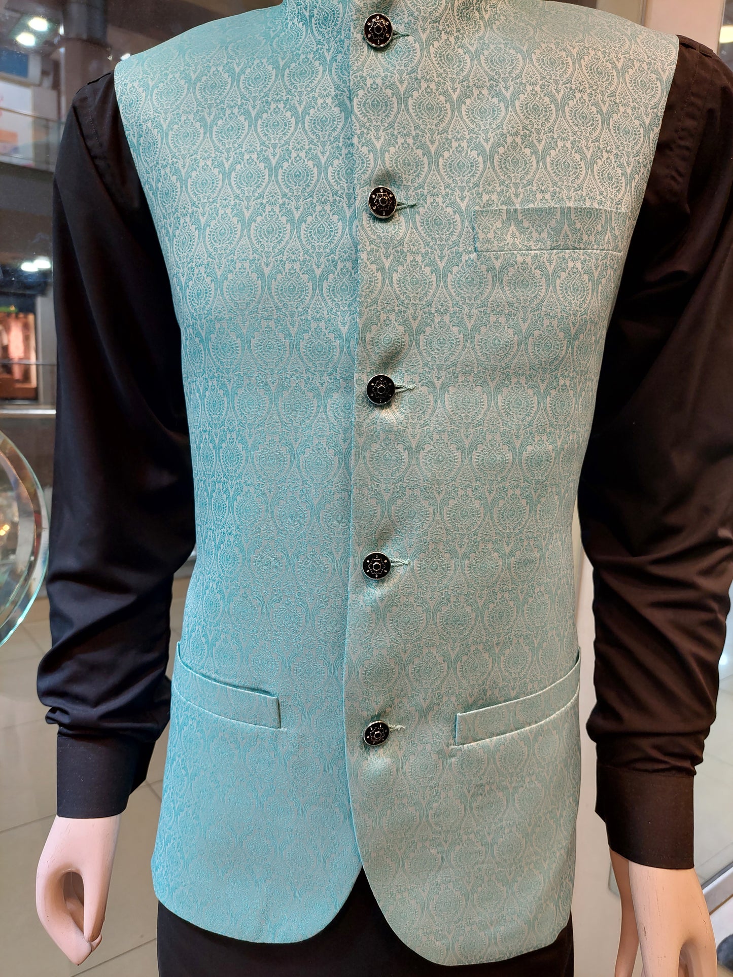 Turquoise blue with white embose Waist Coat - Jamawar