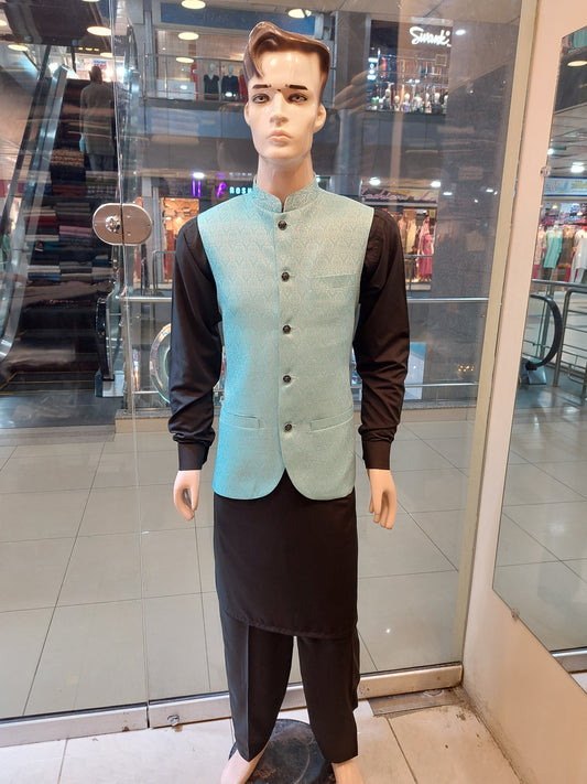 Turquoise blue with white embose Waist Coat - Jamawar