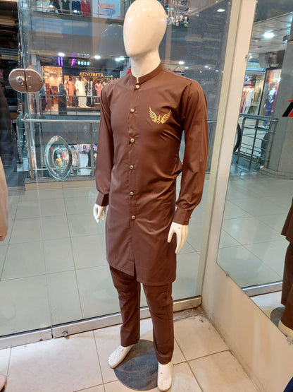 Chocolate Brown Kurta Pajama Front Open - Wash and Wear Fabric