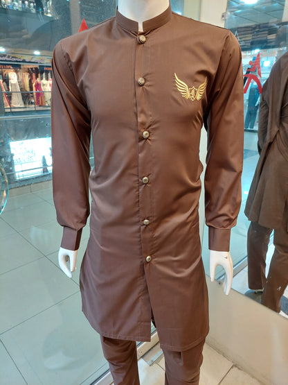 Chocolate Brown Kurta Pajama Front Open - Wash and Wear Fabric