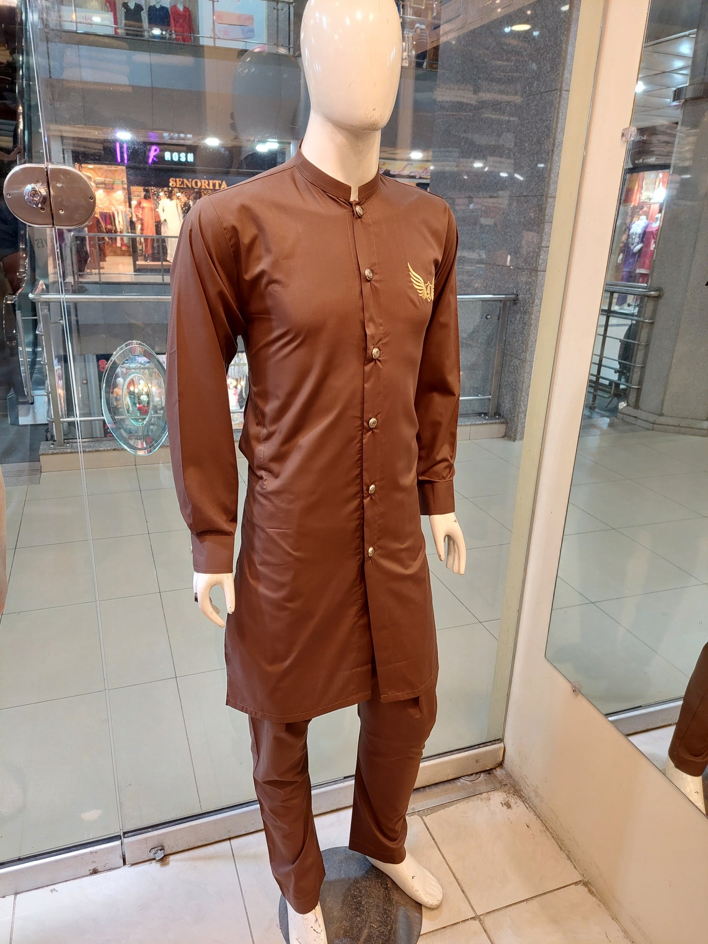 Chocolate Brown Kurta Pajama Front Open - Wash and Wear Fabric