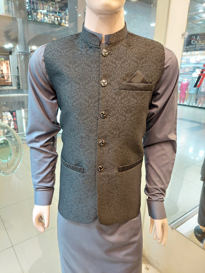 Textured Black Waist Coat - Masoori Jamawar