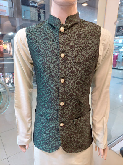 Bottle Green with Black Embroidery - Waist coat fabric Masoori