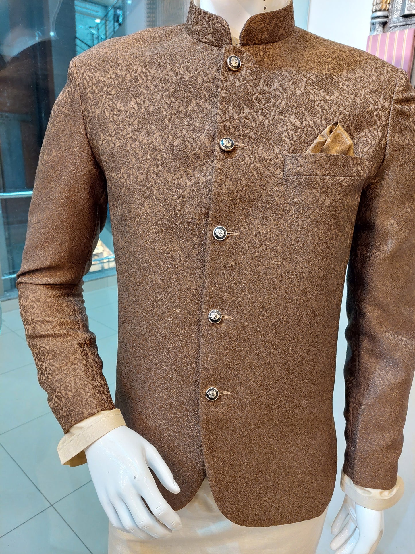 Brown Prince Coat - Fabric MDC with Light Biscuit Kurta Pajama - Silk Cotton