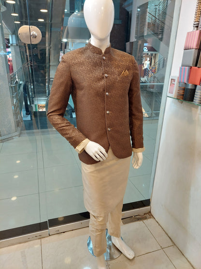 Brown Prince Coat - Fabric MDC with Light Biscuit Kurta Pajama - Silk Cotton