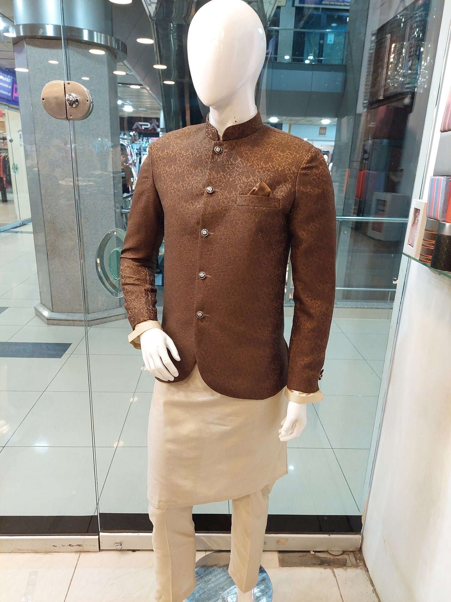 Brown Prince Coat - Fabric MDC with Light Biscuit Kurta Pajama - Silk Cotton