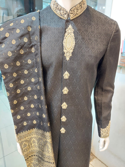 Black Sherwani with Golden Embroidery - Jamawar