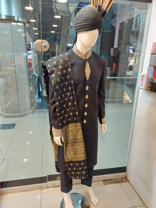 Black Sherwani with Golden Embroidery - Jamawar