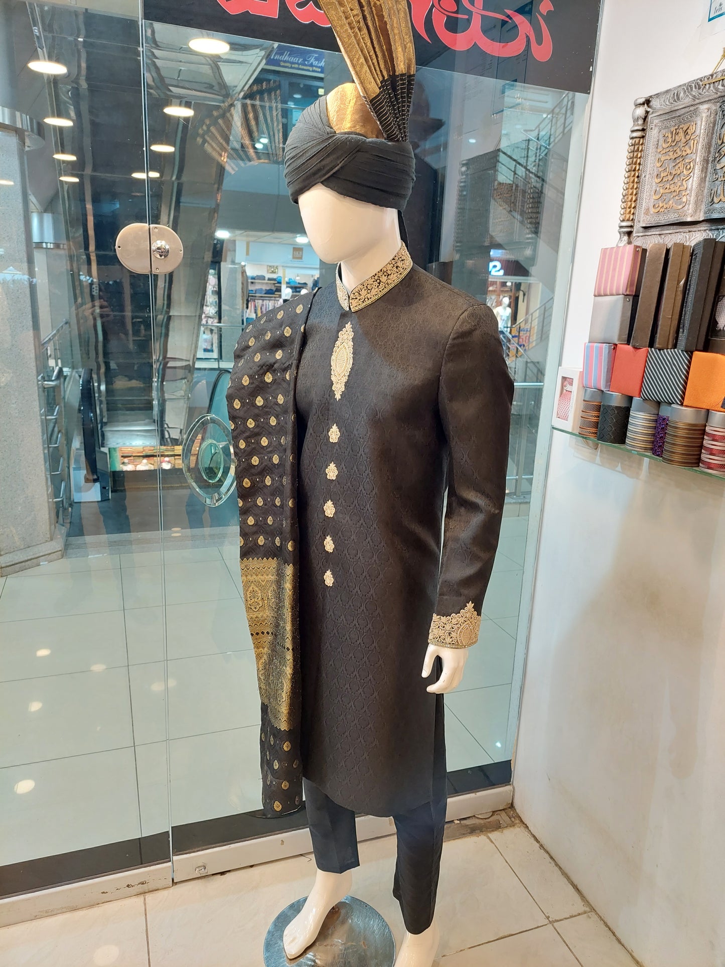 Black Sherwani with Golden Embroidery - Jamawar