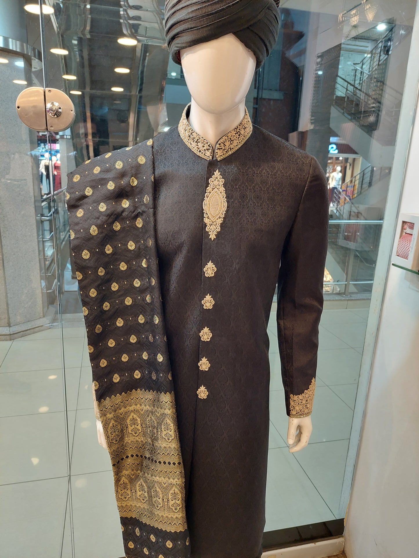 Black Sherwani with Golden Embroidery - Jamawar