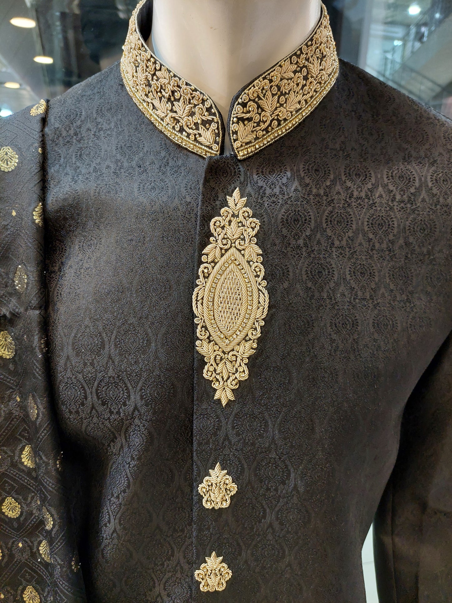 Black Sherwani with Golden Embroidery - Jamawar