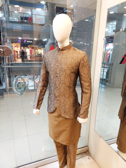 Mustard Brown with Golden Embose Prince Coat - Atlas Zaari