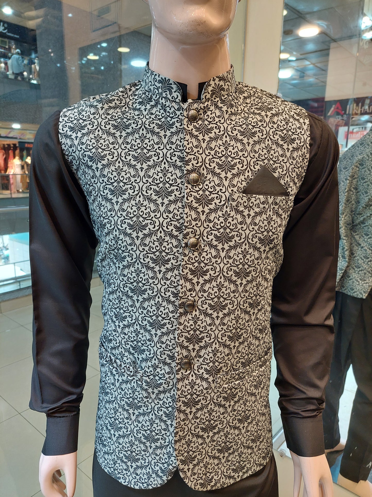 Light Grey with Black Embroidery - Waist coat fabric Masoori