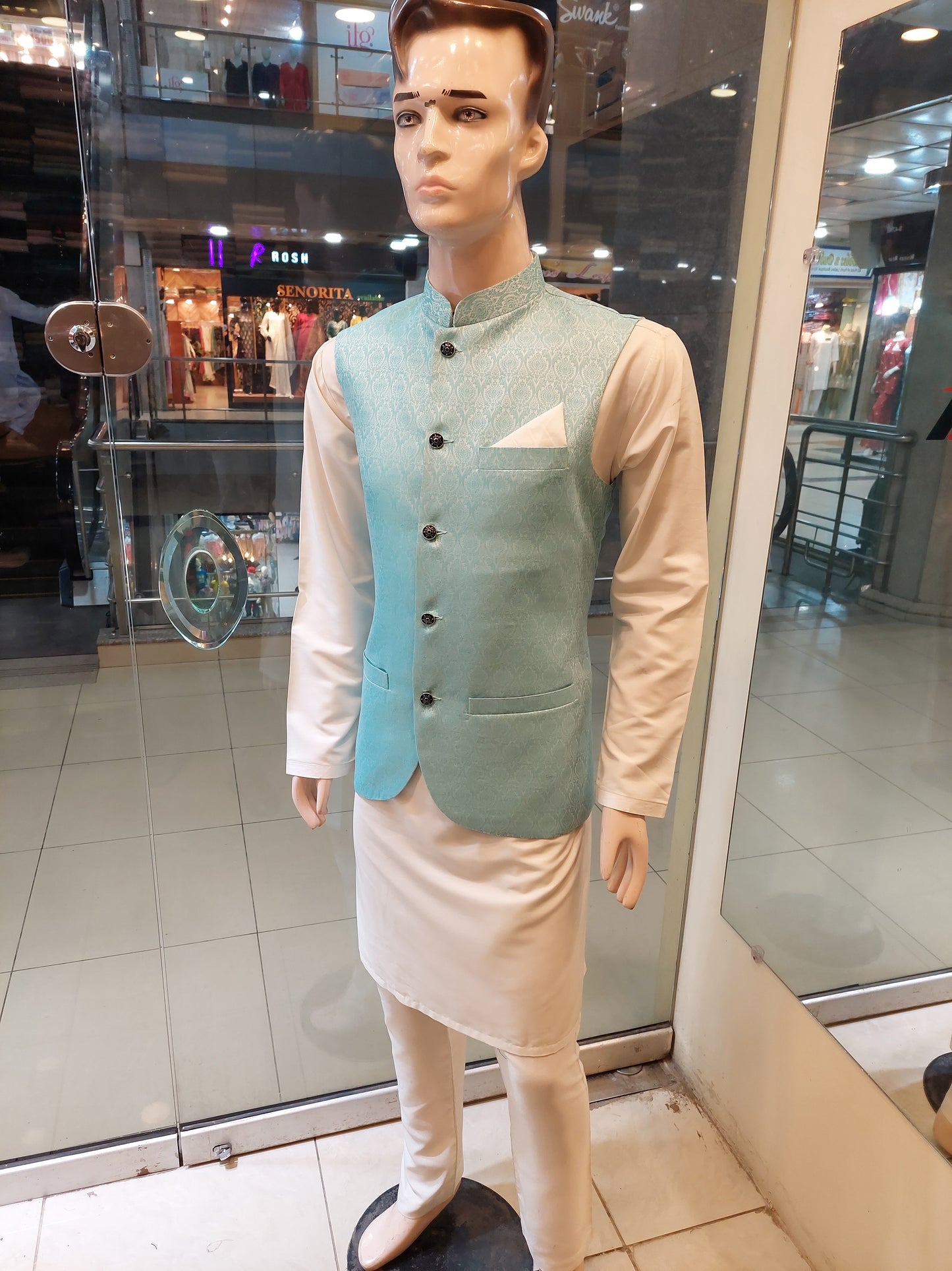 Turquoise blue with White Embose Waist Coat – Jamawar