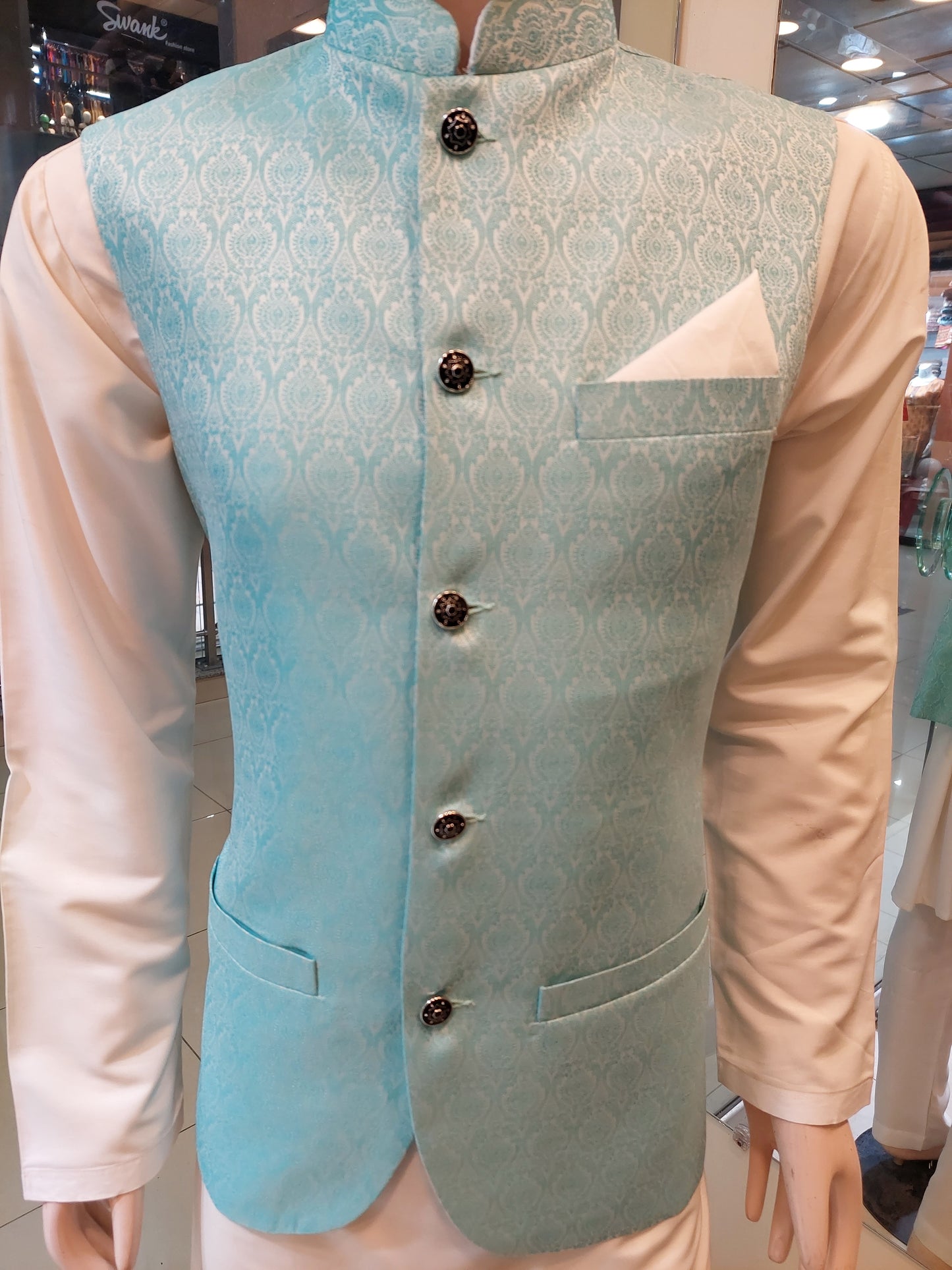 Turquoise blue with White Embose Waist Coat – Jamawar