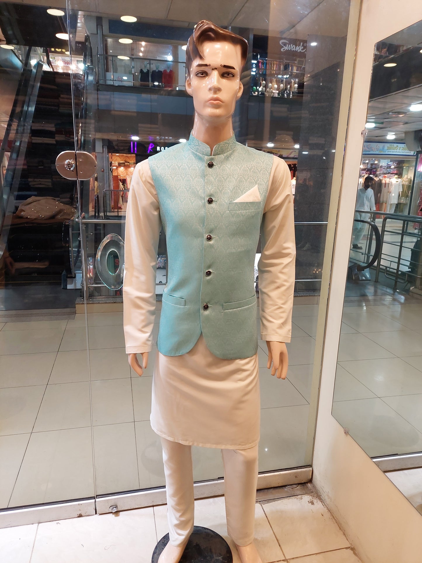 Turquoise blue with White Embose Waist Coat – Jamawar