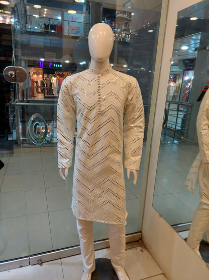 Off White Kurta - Masoori Fabric - Mirror Work