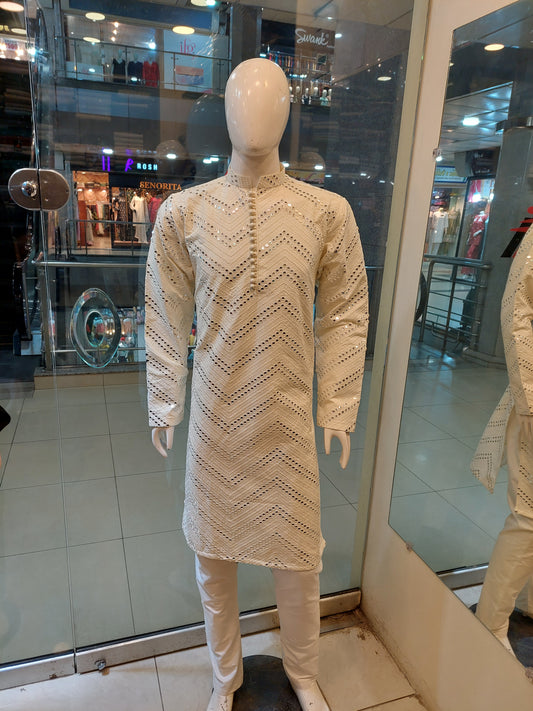 Off White Kurta - Masoori Fabric - Mirror Work