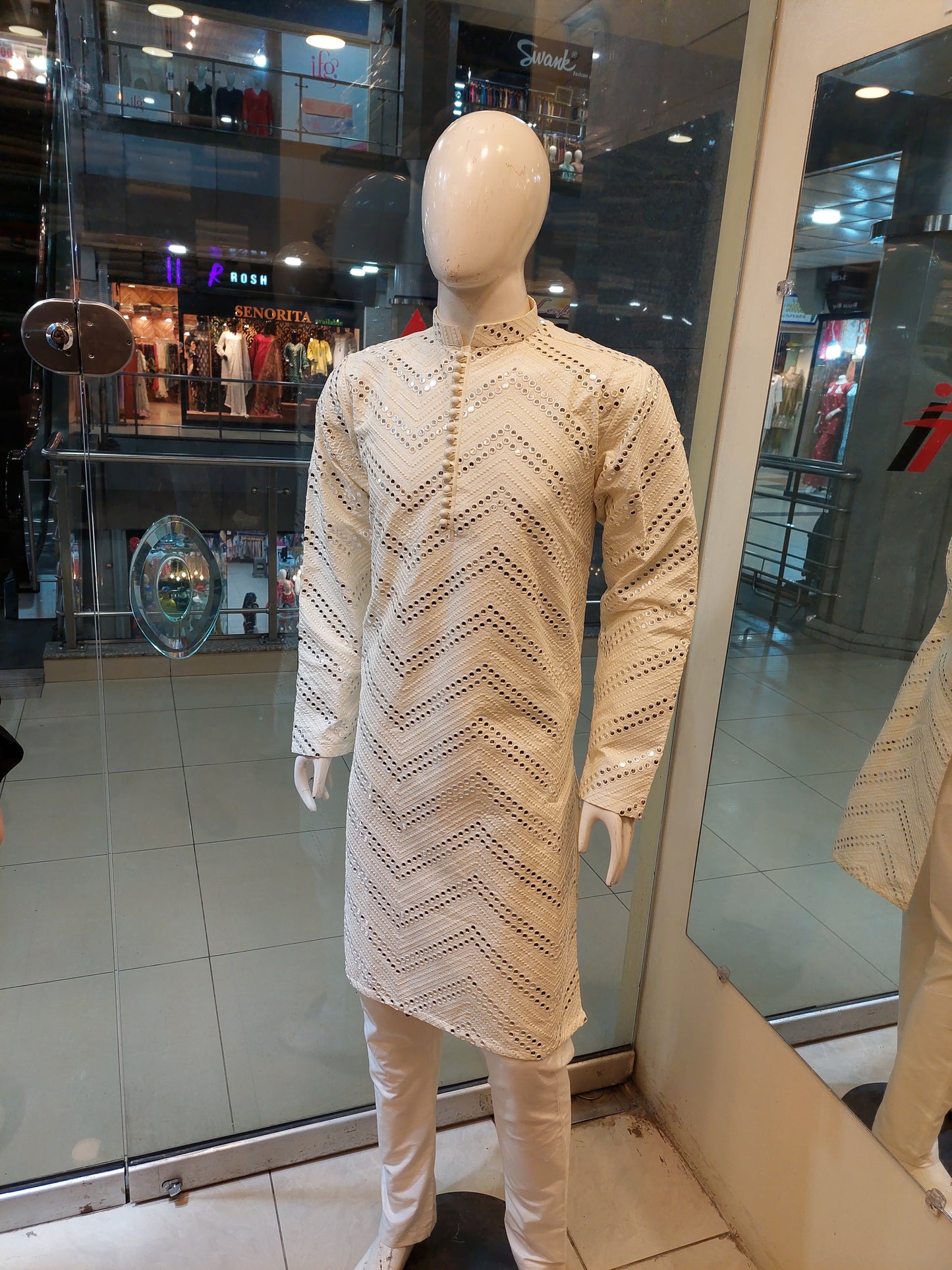 Off White Kurta - Masoori Fabric - Mirror Work