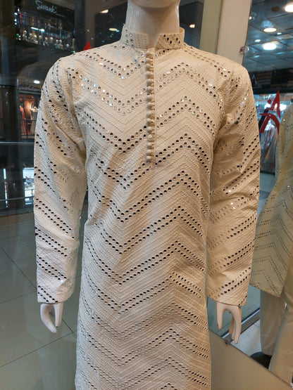 Off White Kurta - Masoori Fabric - Mirror Work