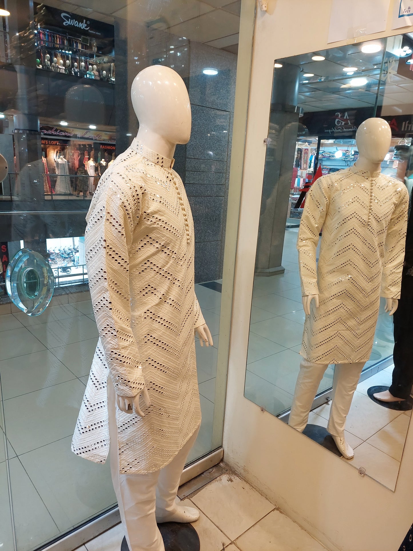 Off White Kurta - Masoori Fabric - Mirror Work