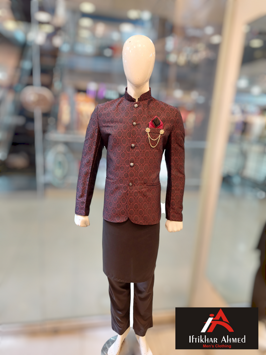 Dark Maroon with Black Embroidery - Prince Coat fabric Embose