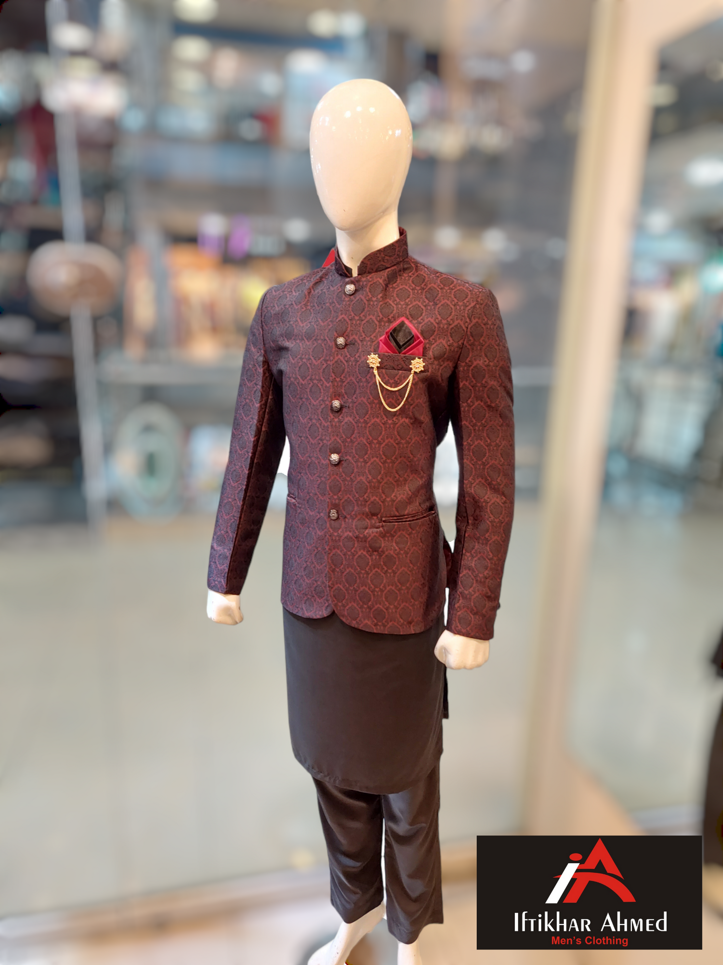 Dark Maroon with Black Embroidery - Prince Coat fabric Embose