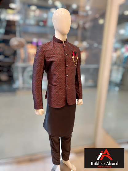 Dark Maroon with Black Embroidery - Prince Coat fabric Embose