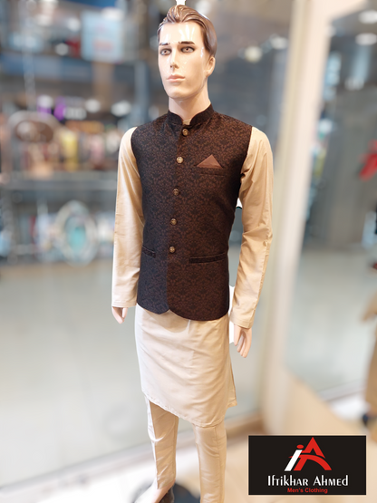 Choclate Brown with Black Embroidery - Waist coat fabric Masoori