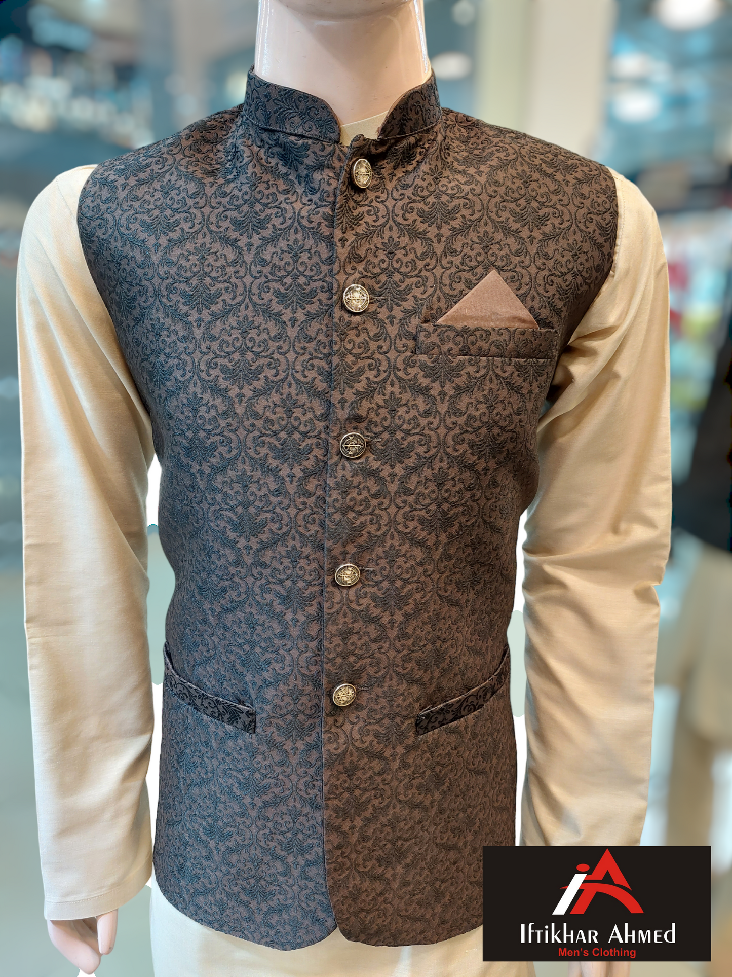 Choclate Brown with Black Embroidery - Waist coat fabric Masoori