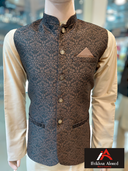 Choclate Brown with Black Embroidery - Waist coat fabric Masoori