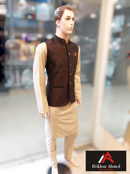 Choclate Brown with Black Embroidery - Waist coat fabric Masoori