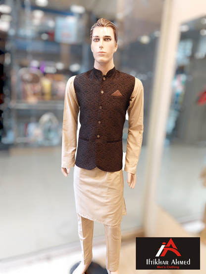 Choclate Brown with Black Embroidery - Waist coat fabric Masoori