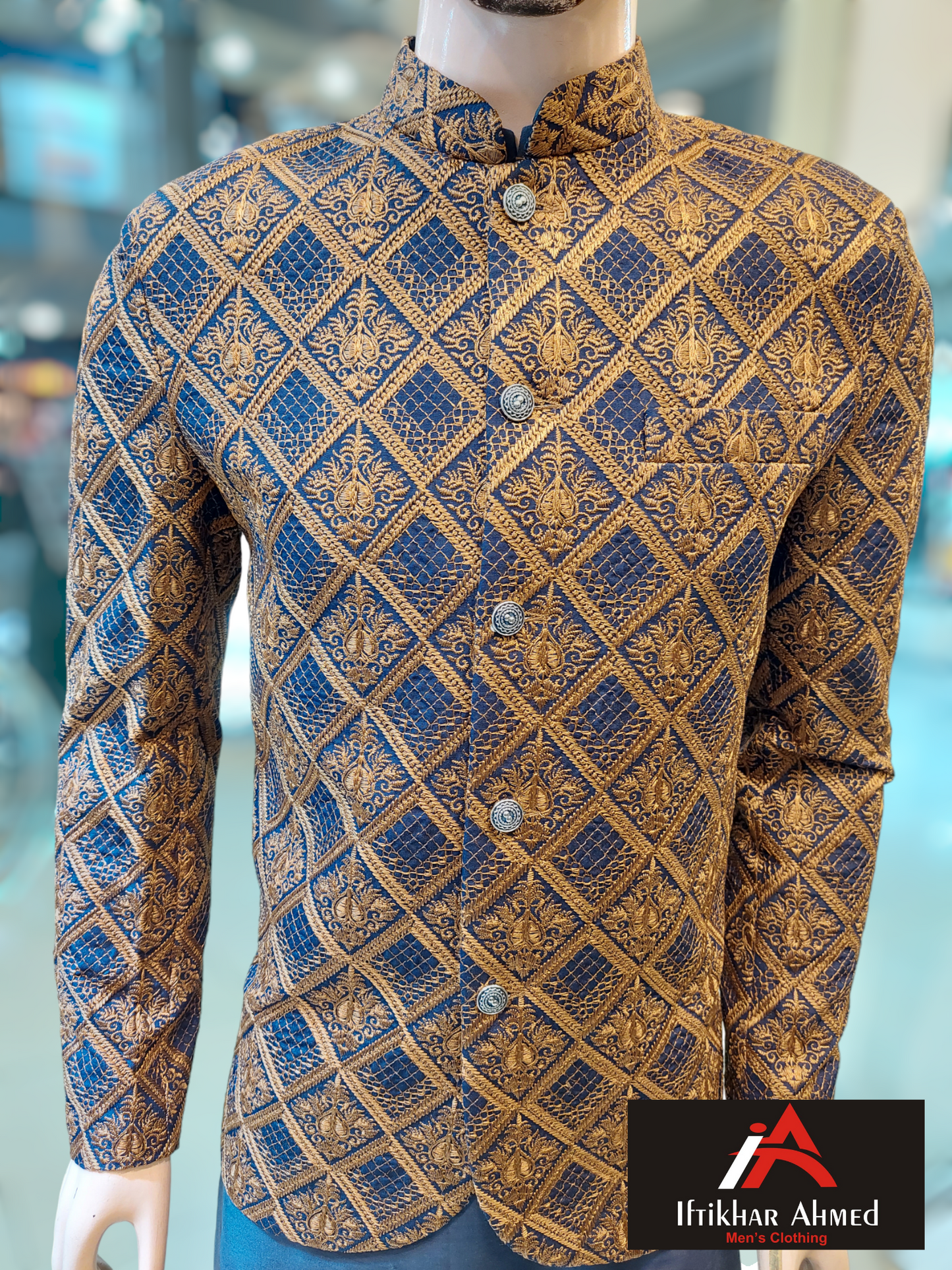 Blue with Copper Prince Coat, Embroidery Pattern - Masoori Fabric